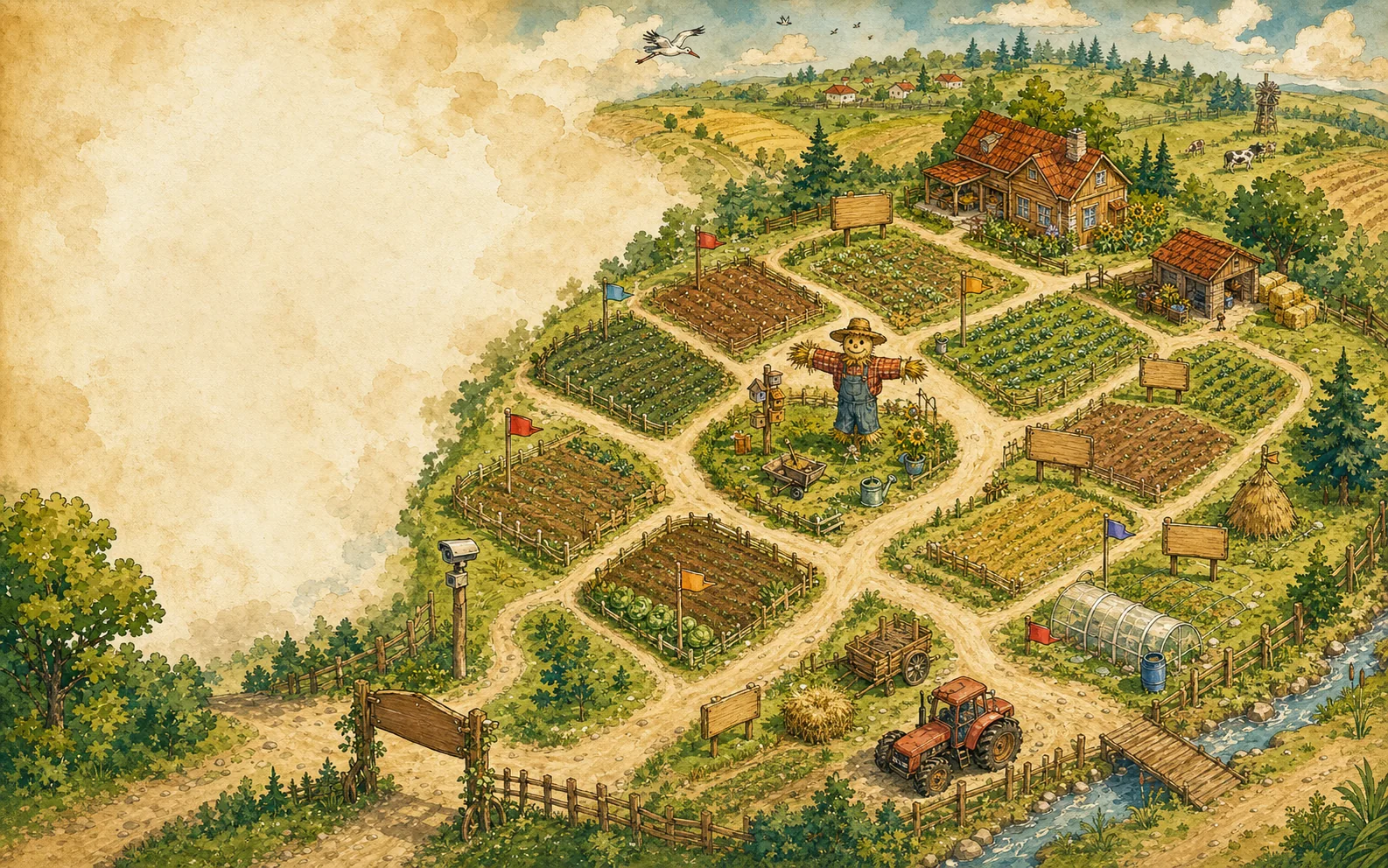 Рисованная карта Affiliate Farm с полем, пугалом, домом, дорогами и тремя табличками сезона