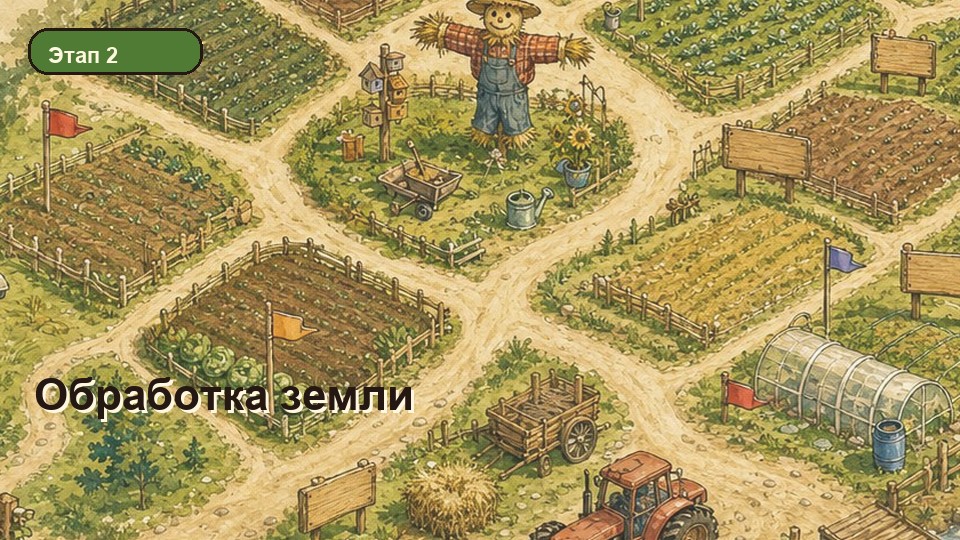 Рисованный участок поля Affiliate Farm с трактором, дорогами и грядками